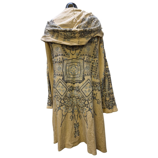 Biya Johnny Was Hooded Cardigan Tan With Blue Embroidery Open Front XL