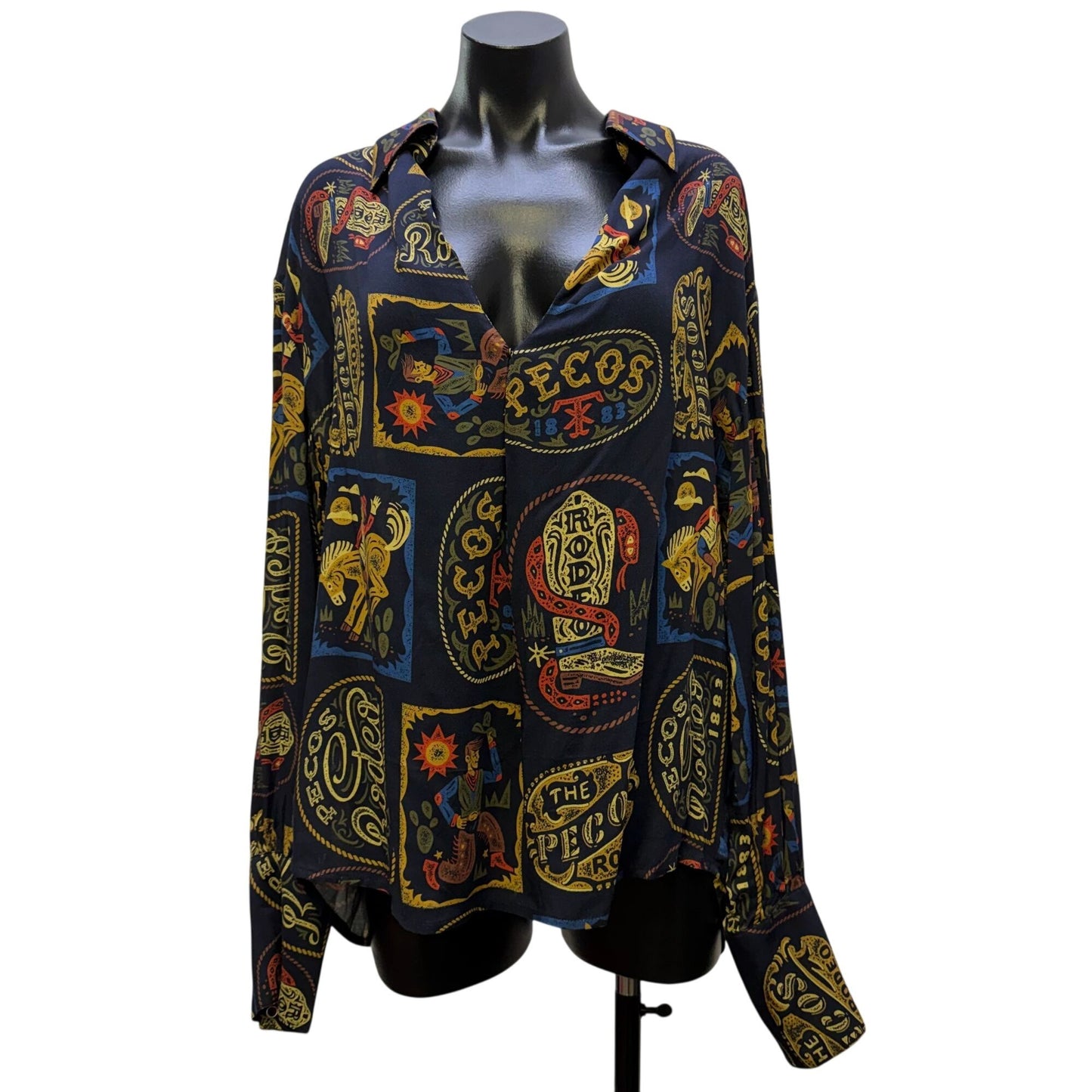 Double D Ranch Navy Rodeo Print Button-Down Blouse Long Sleeve L