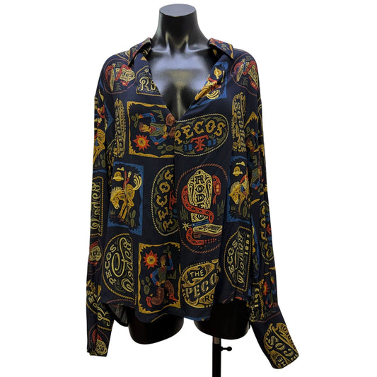 Double D Ranch Navy Rodeo Print Button-Down Blouse Long Sleeve L