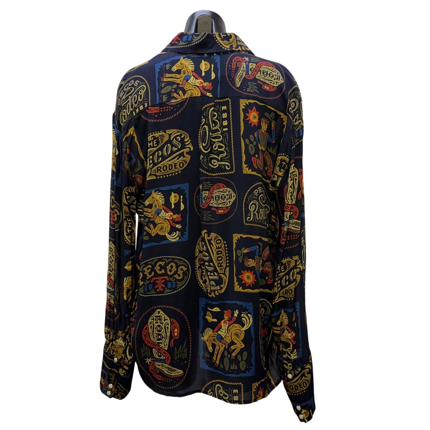 Double D Ranch Navy Rodeo Print Button-Down Blouse Long Sleeve L