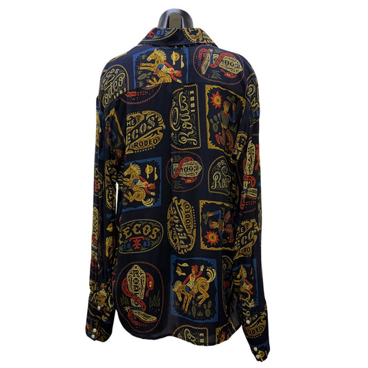 Double D Ranch Navy Rodeo Print Button-Down Blouse Long Sleeve L