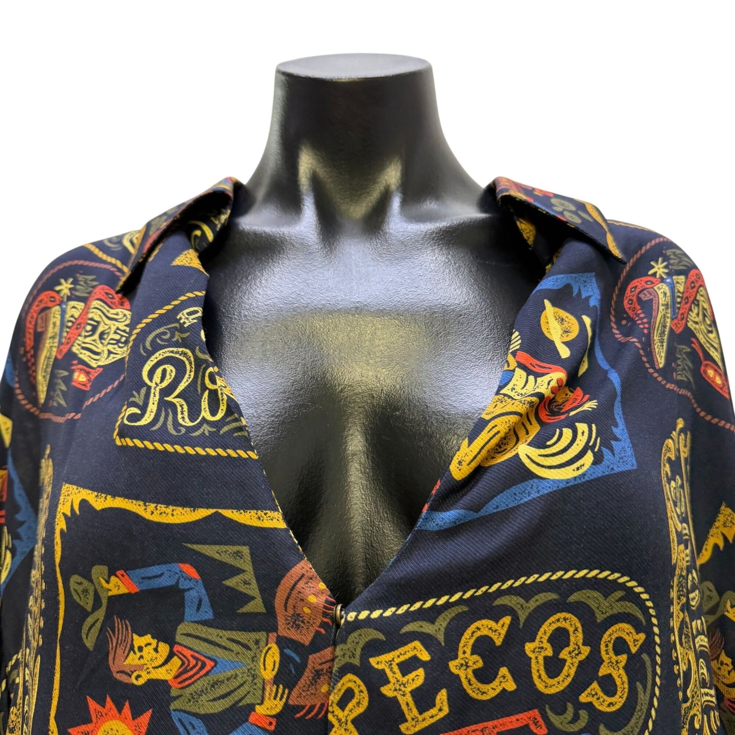 Double D Ranch Navy Rodeo Print Button-Down Blouse Long Sleeve L