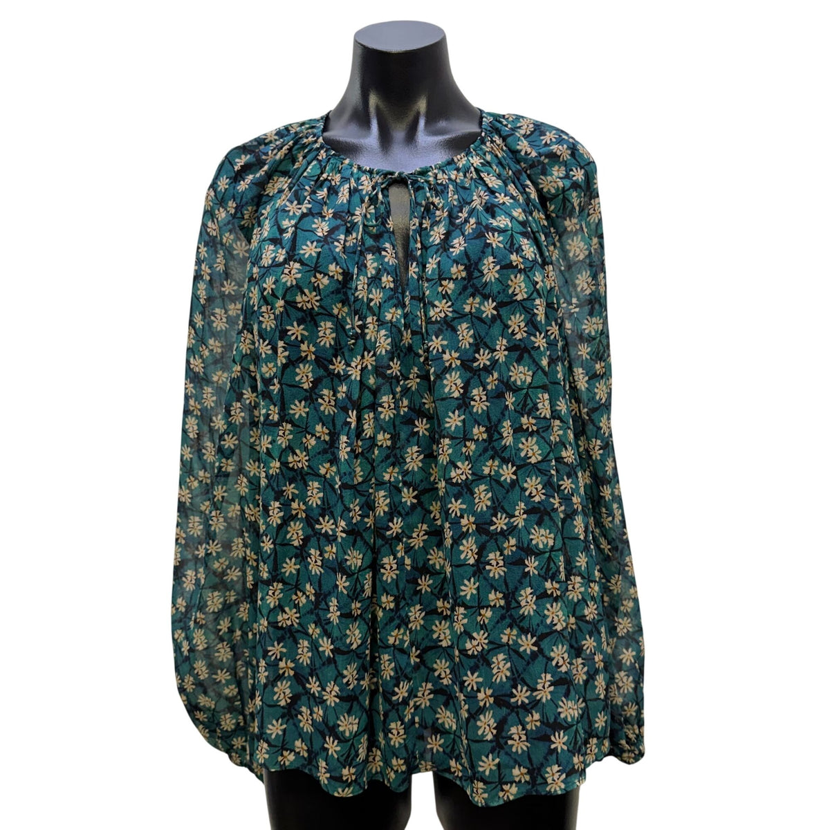 Ulla Johnson Floral Silk Blouse Teal & Cream Print Long Sleeves Size 6