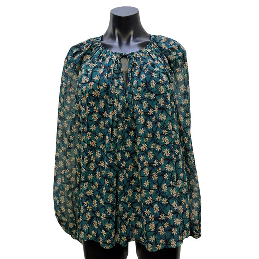 Ulla Johnson Floral Silk Blouse Teal & Cream Print Long Sleeves Size 6