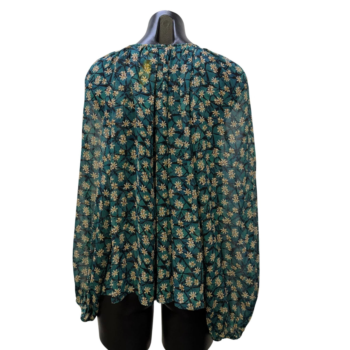 Ulla Johnson Floral Silk Blouse Teal & Cream Print Long Sleeves Size 6