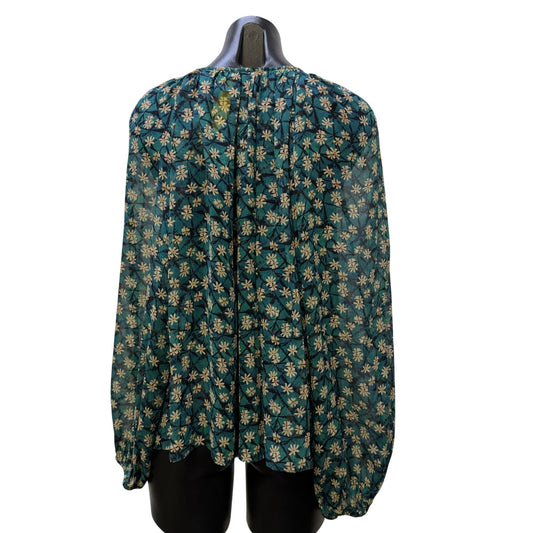 Ulla Johnson Floral Silk Blouse Teal & Cream Print Long Sleeves Size 6