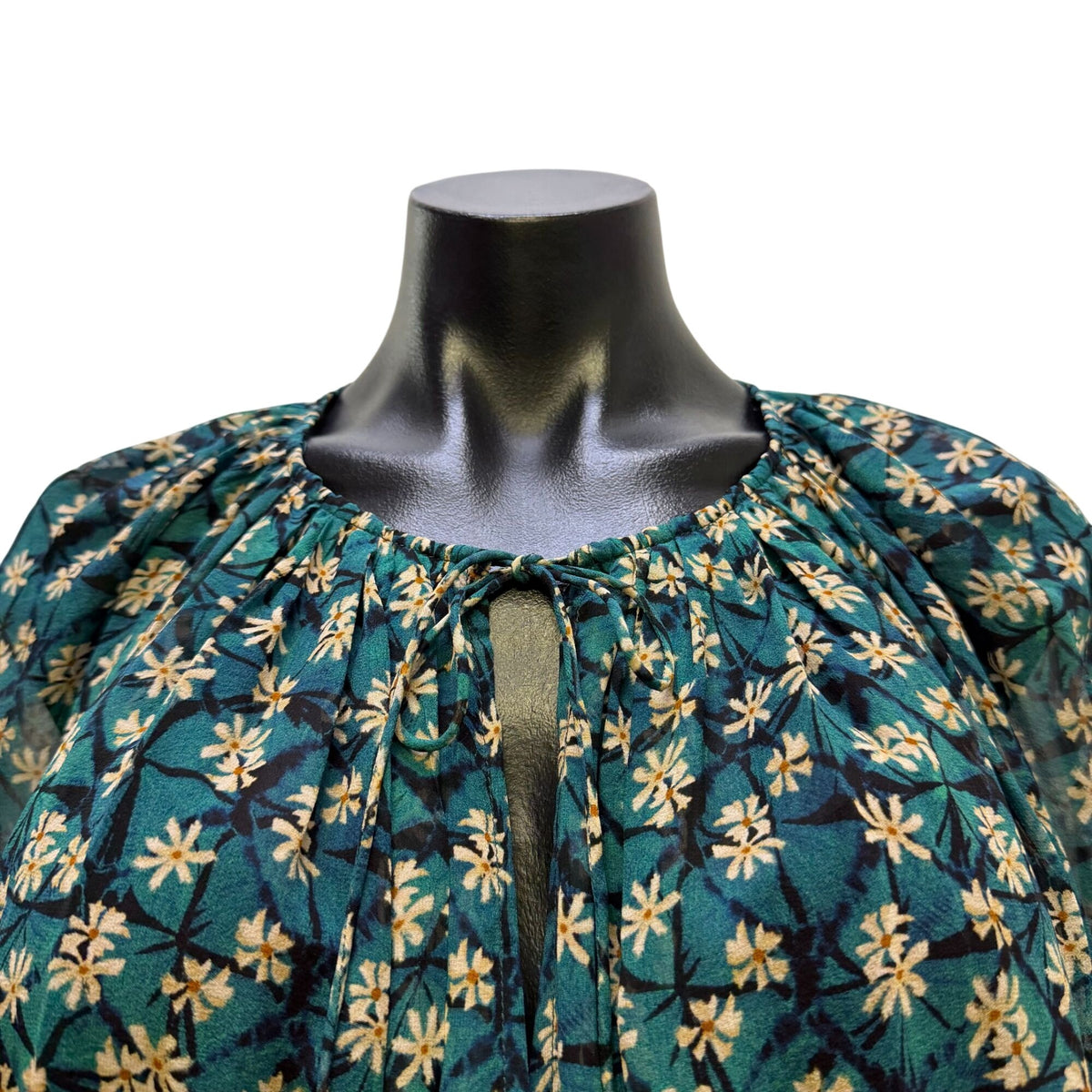 Ulla Johnson Floral Silk Blouse Teal & Cream Print Long Sleeves Size 6