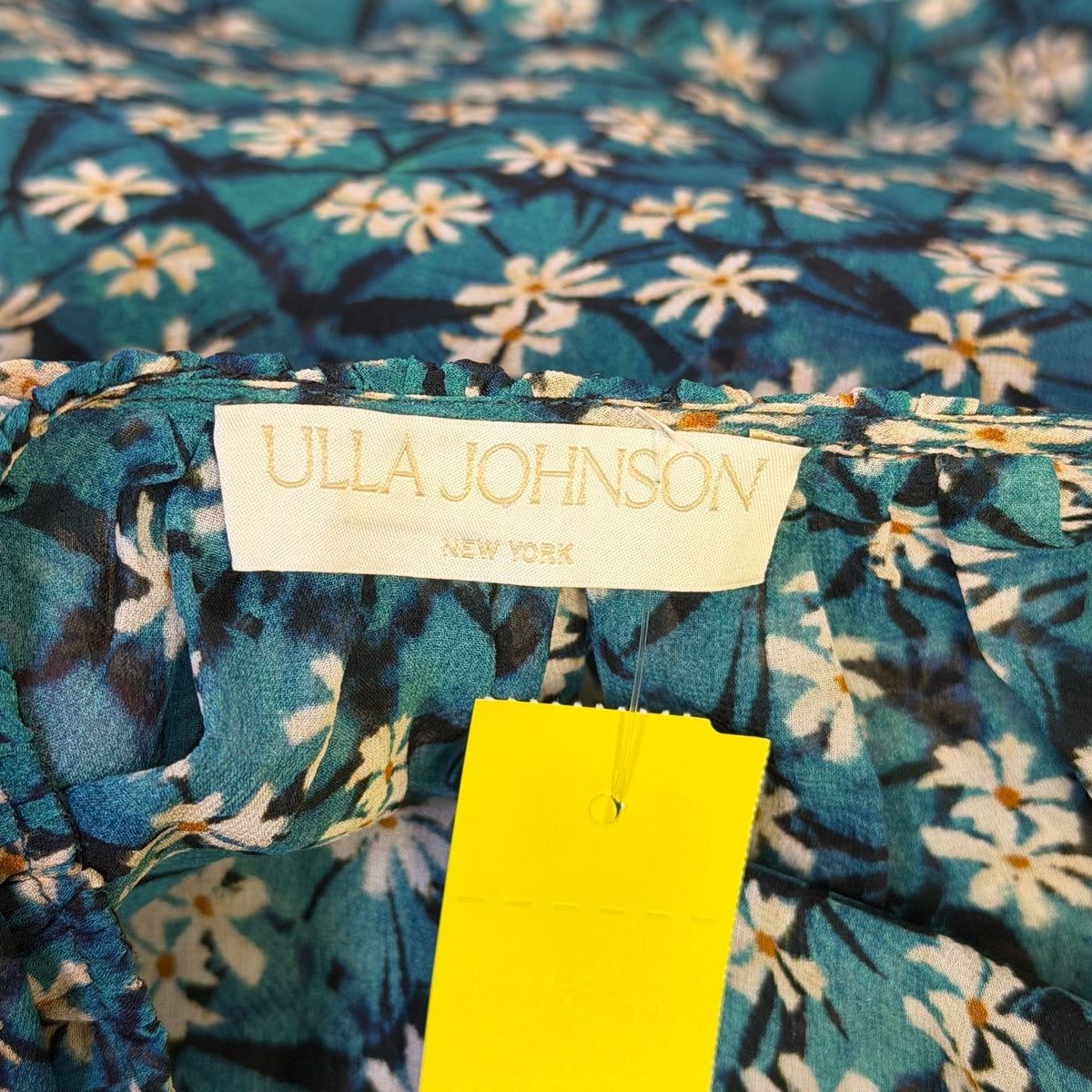 Ulla Johnson Floral Silk Blouse Teal & Cream Print Long Sleeves Size 6