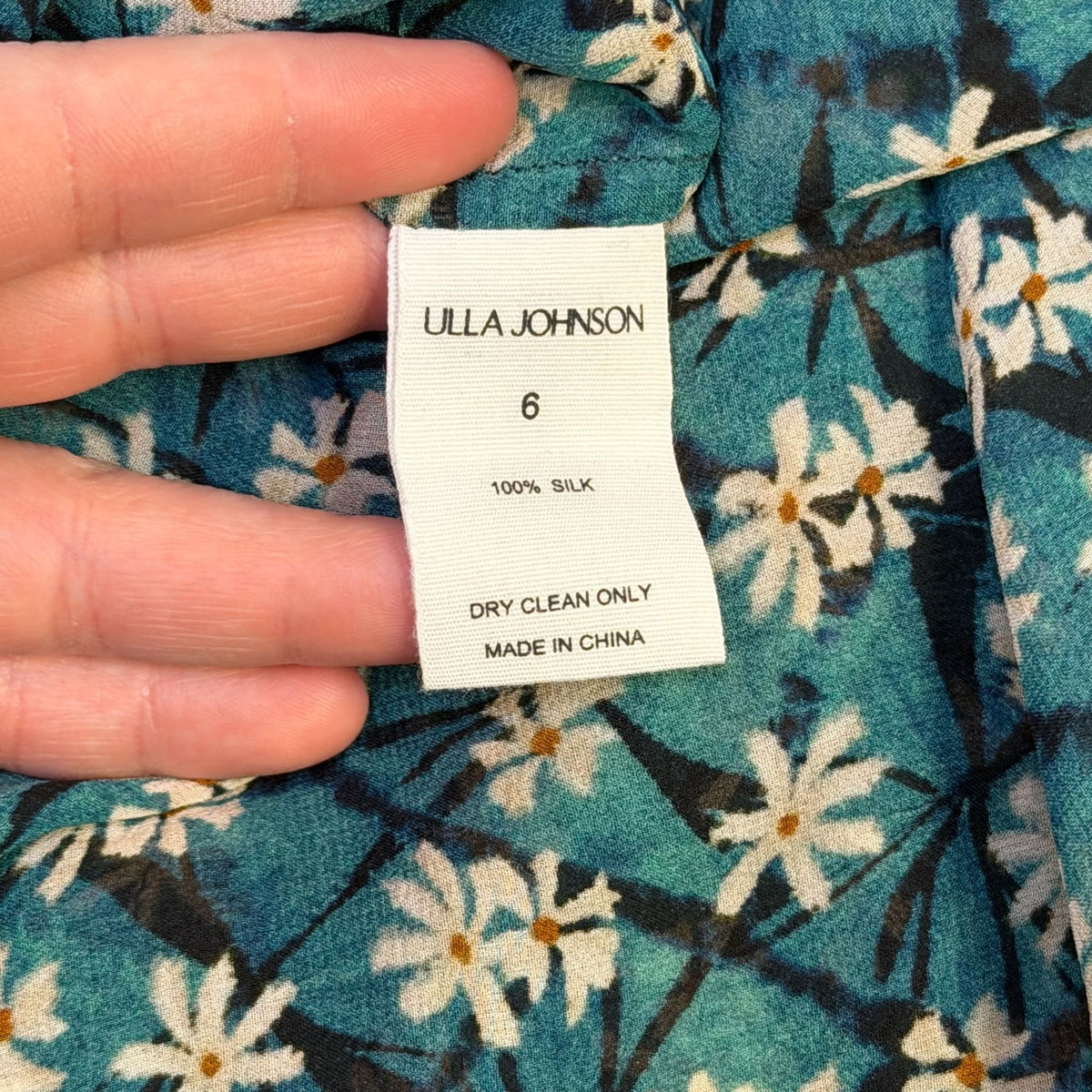Ulla Johnson Floral Silk Blouse Teal & Cream Print Long Sleeves Size 6