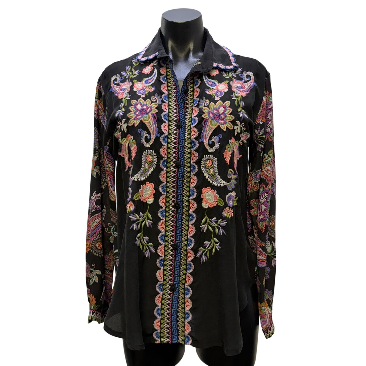 Johnny Was Black Silk Embroidered Floral Button Down Blouse XS