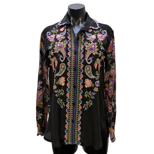 Johnny Was Black Silk Embroidered Floral Button Down Blouse XS