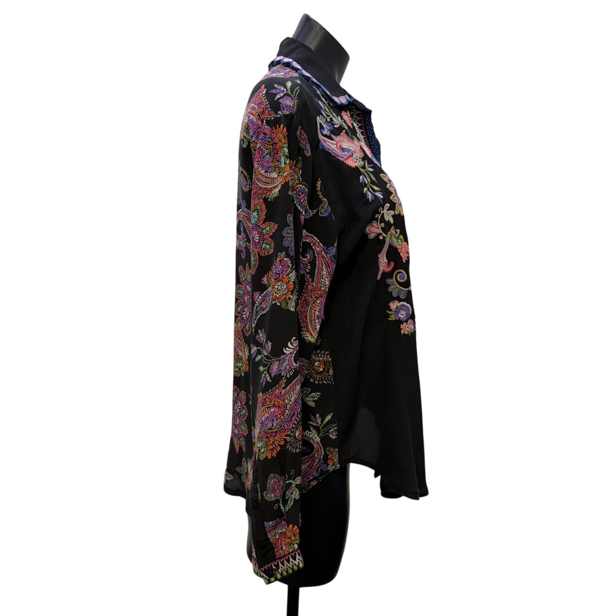 Johnny Was Black Silk Embroidered Floral Button Down Blouse XS
