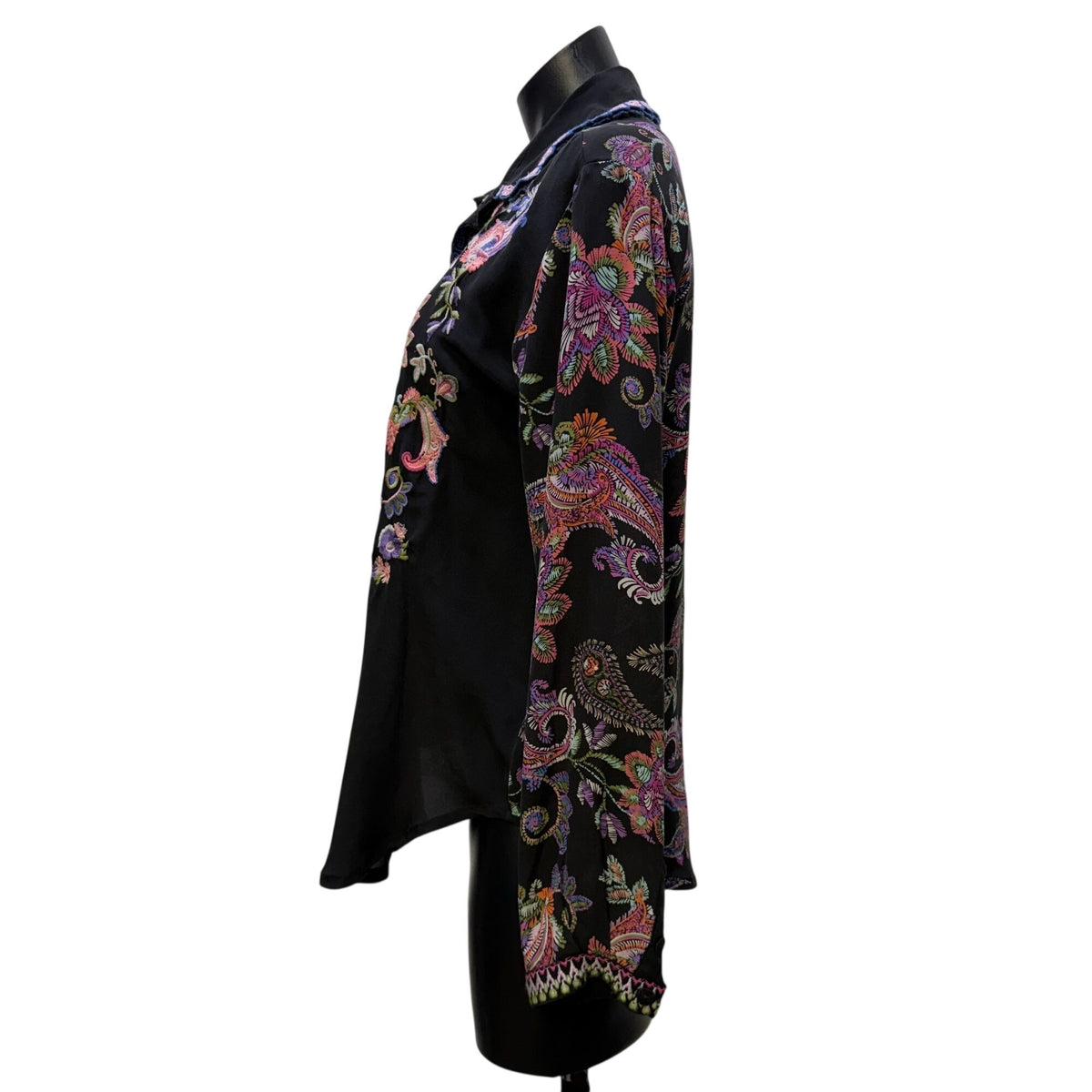 Johnny Was Black Silk Embroidered Floral Button Down Blouse XS