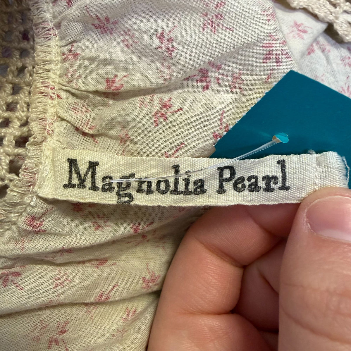 Magnolia Pearl Cream Floral Blouse With Crochet Lace Trim & Pocket OS