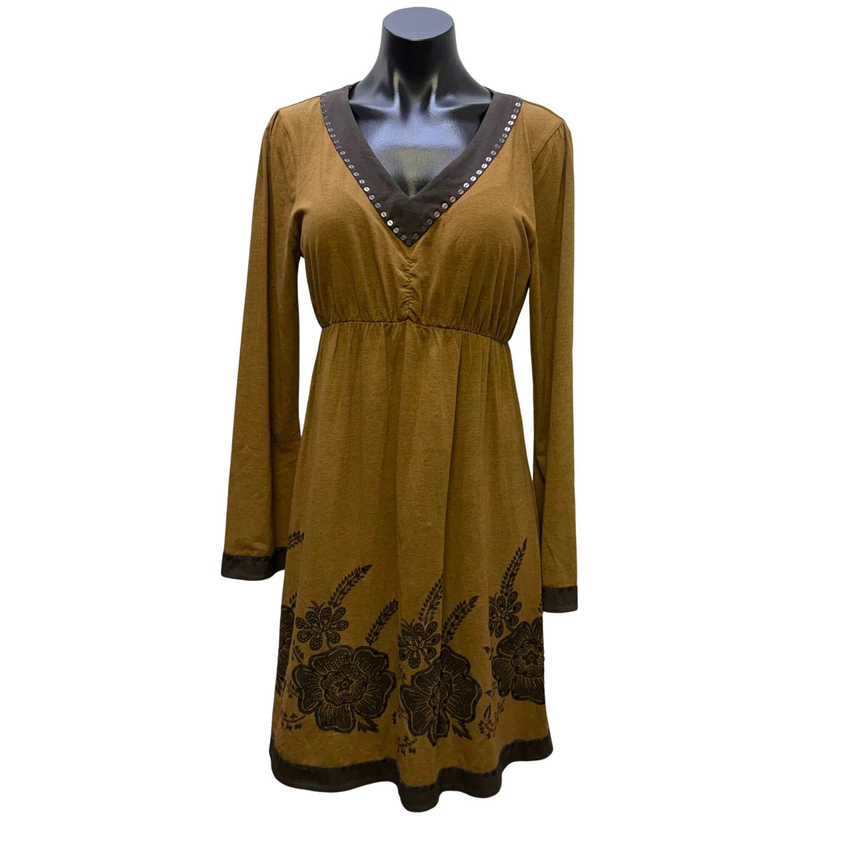 Double D Ranch Embellished Long-Sleeve Brown Floral Dress M