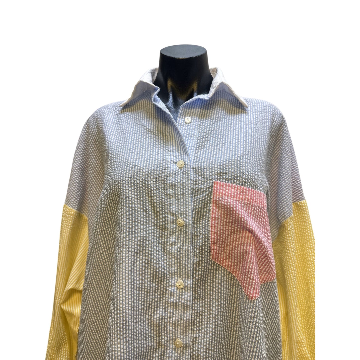 Lady Captain Colorblock Gingham Seersucker  Button-Down Shirt w/Pocket & Long Sleeves Size L