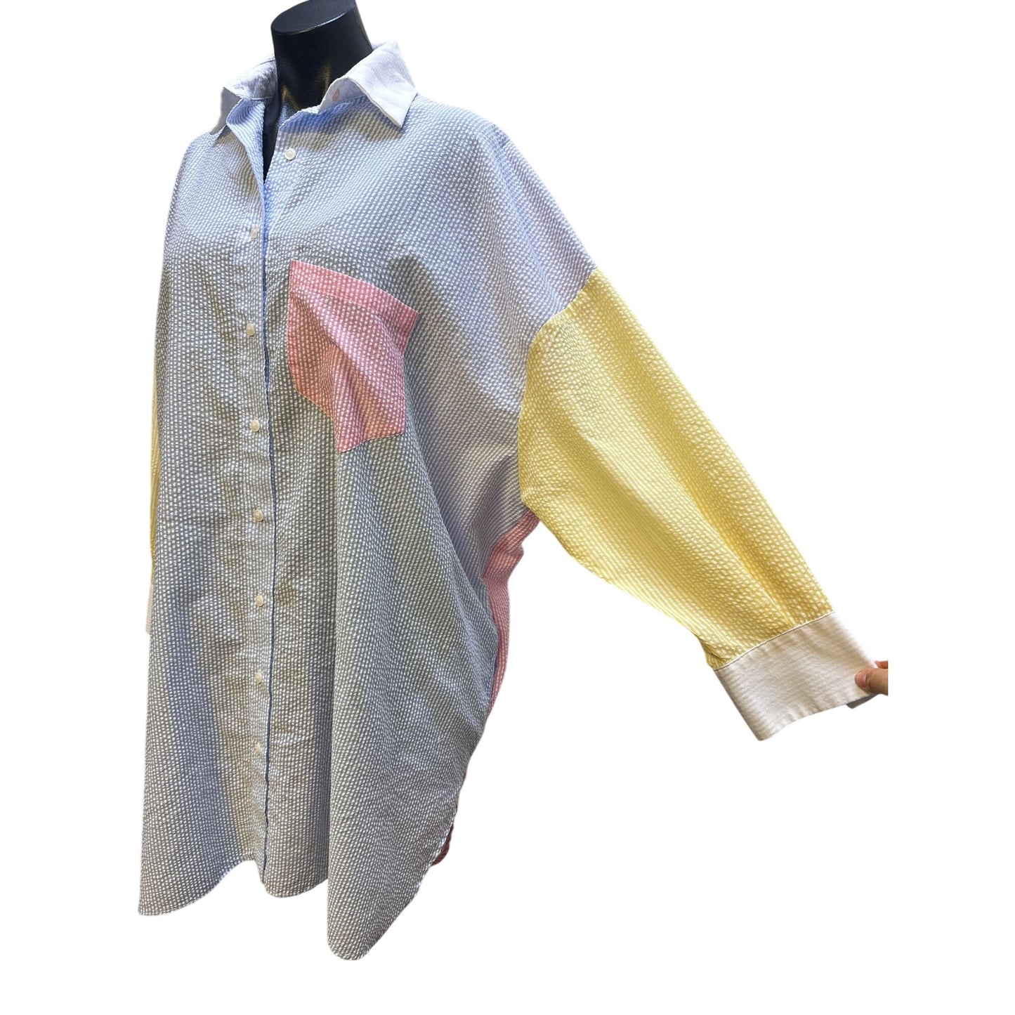 Lady Captain Colorblock Gingham Seersucker  Button-Down Shirt w/Pocket & Long Sleeves Size L