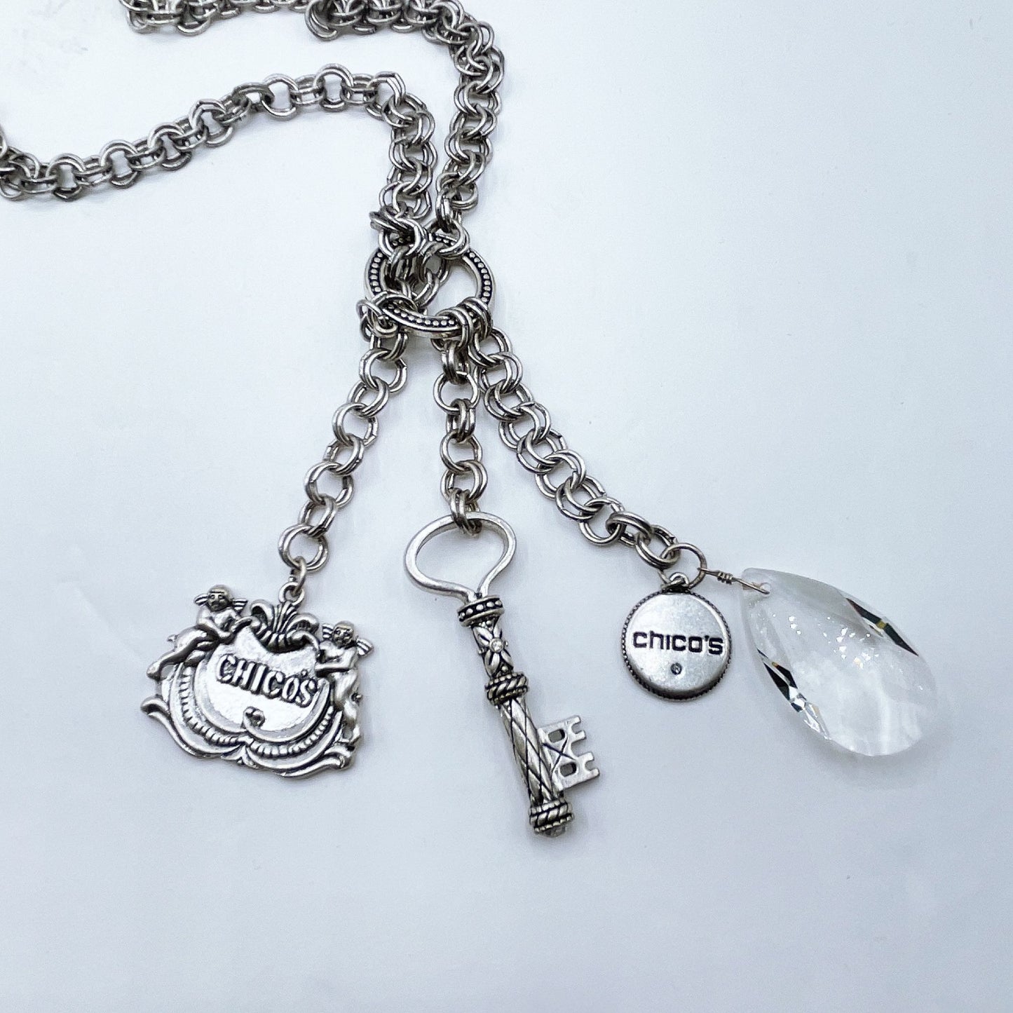 Chicos Silver-Tone Key & Crystal Charm Necklace With Engraved “25 Years Bold” Pendant