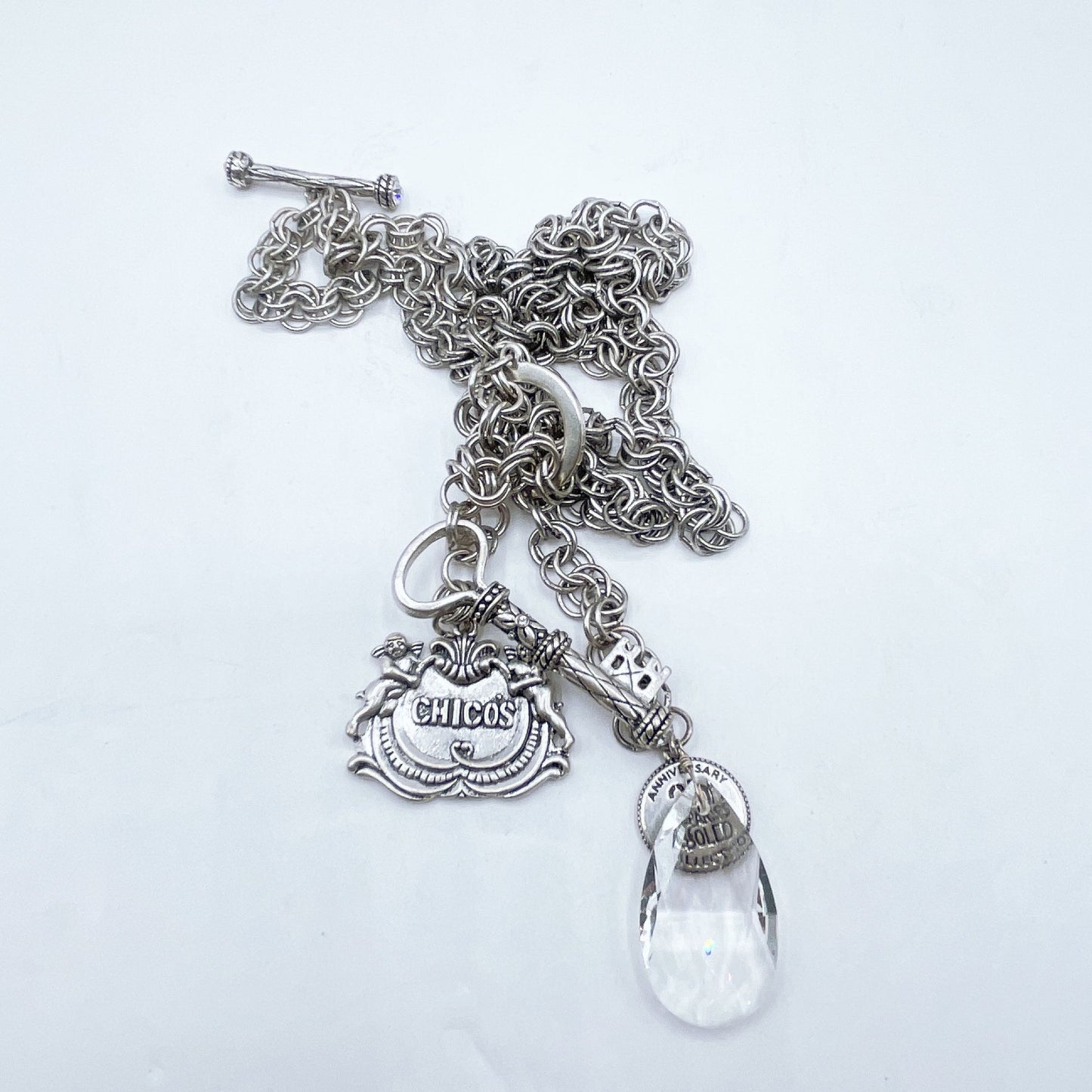 Chicos Silver-Tone Key & Crystal Charm Necklace With Engraved “25 Years Bold” Pendant