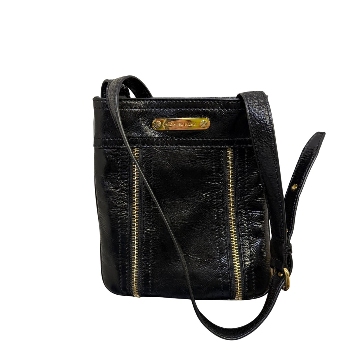 Michael Kors Black Leather Crossbody Bag With Gold Accents & Adjustable Strap