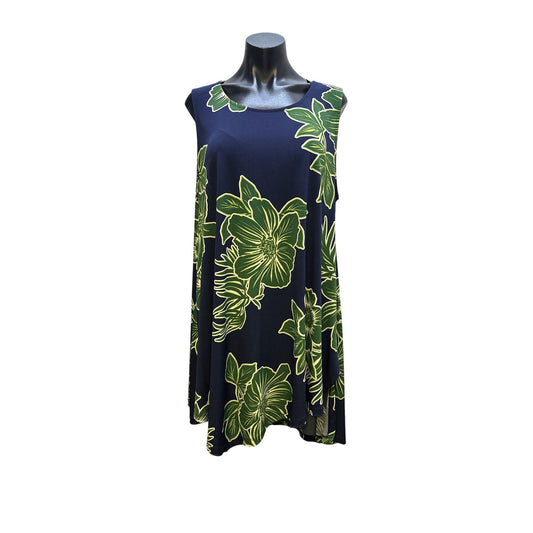 Alembika Navy Blue & Green Floral Sleeveless A-Line Tunic Blouse