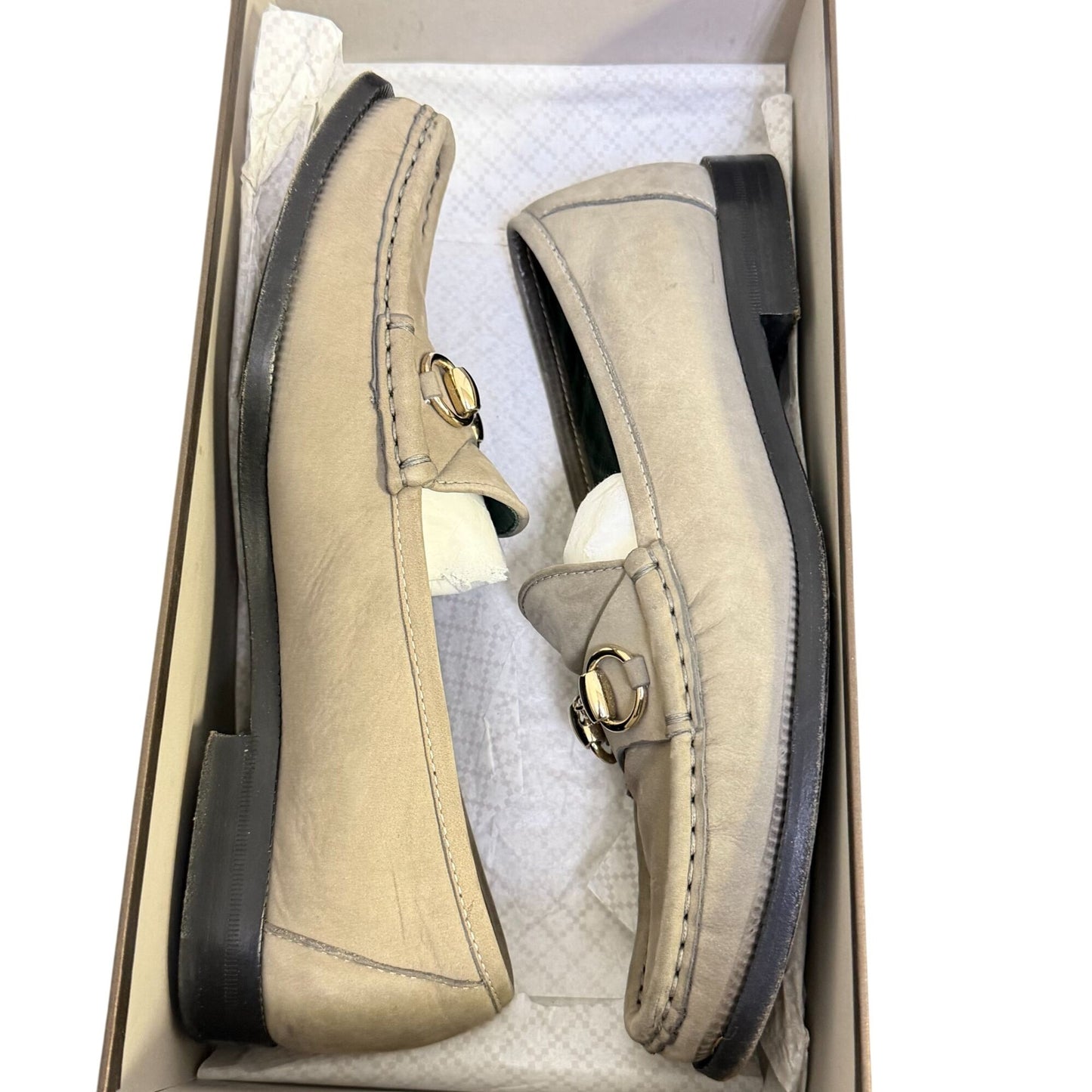Gucci Horsebit Loafers Grey Suede Leather Gold Hardware Size 8/38.5