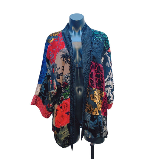 John Mark Bohemian Multicolor Kimono Jacket With Floral Patchwork & Textured Trim S