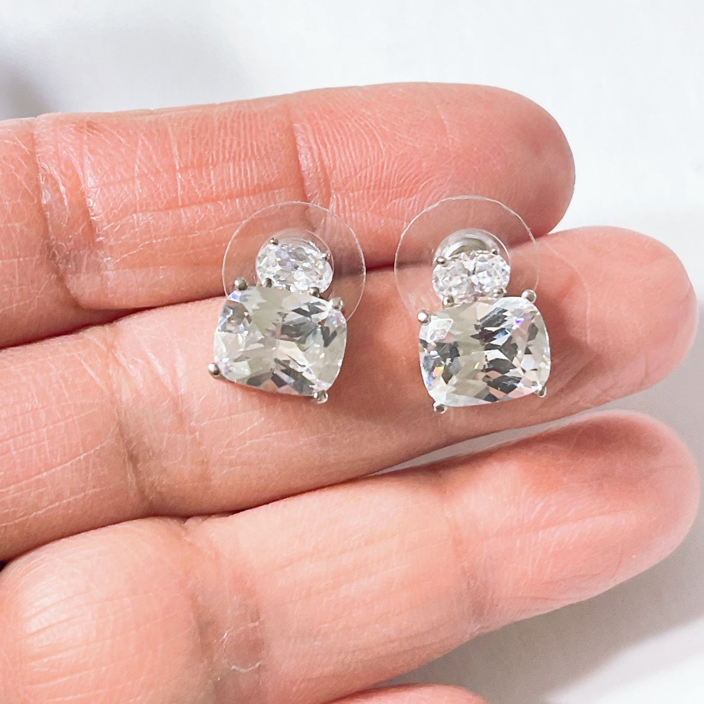 Sterling Silver Round & Cushion-Cut Rhinestone Stud Earrings L