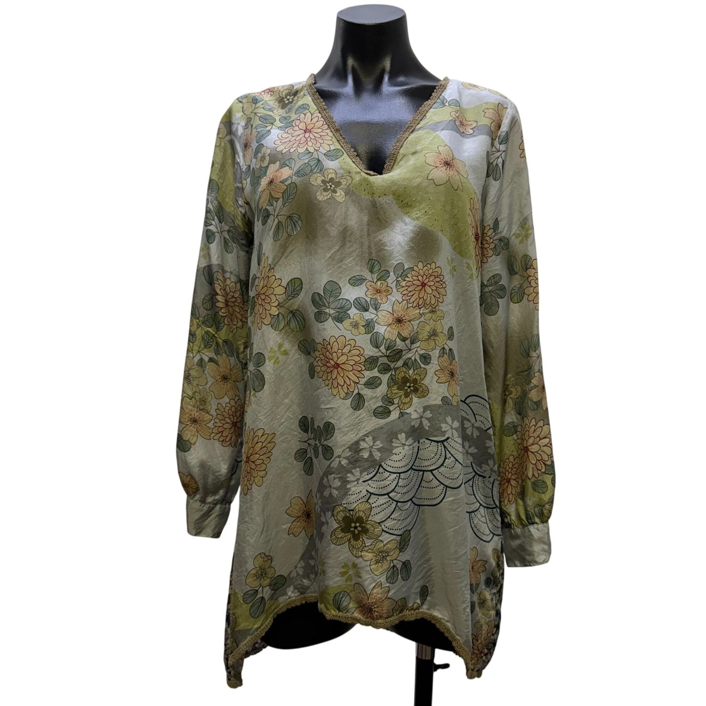 Johnny Was Floral Silk Tunic Blouse Green & Gray Size S
