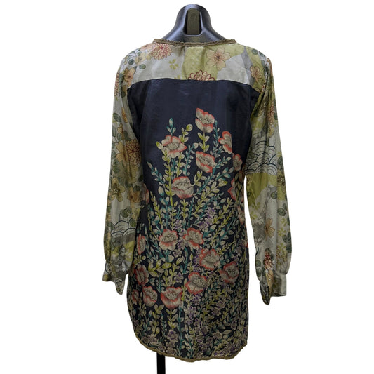Johnny Was Floral Silk Tunic Blouse Green & Gray Size S