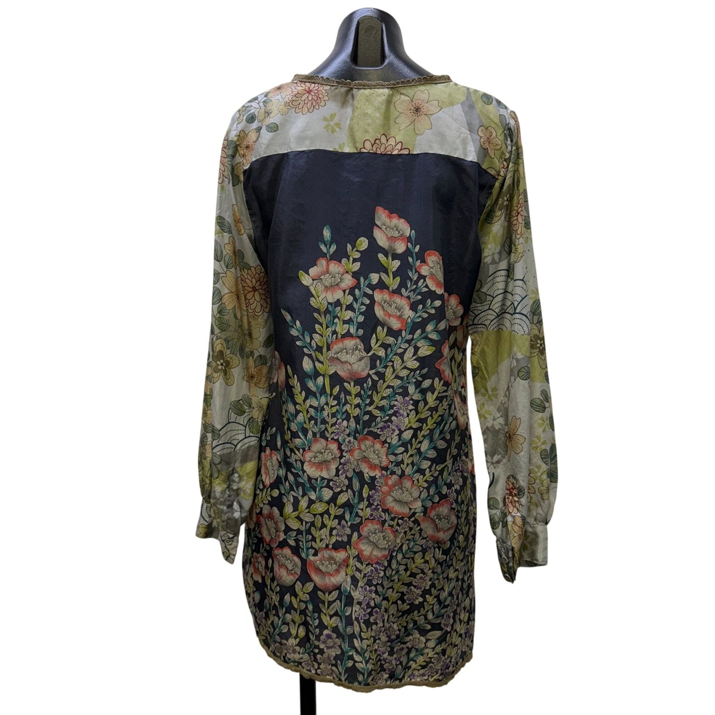 Johnny Was Floral Silk Tunic Blouse Green & Gray Size S