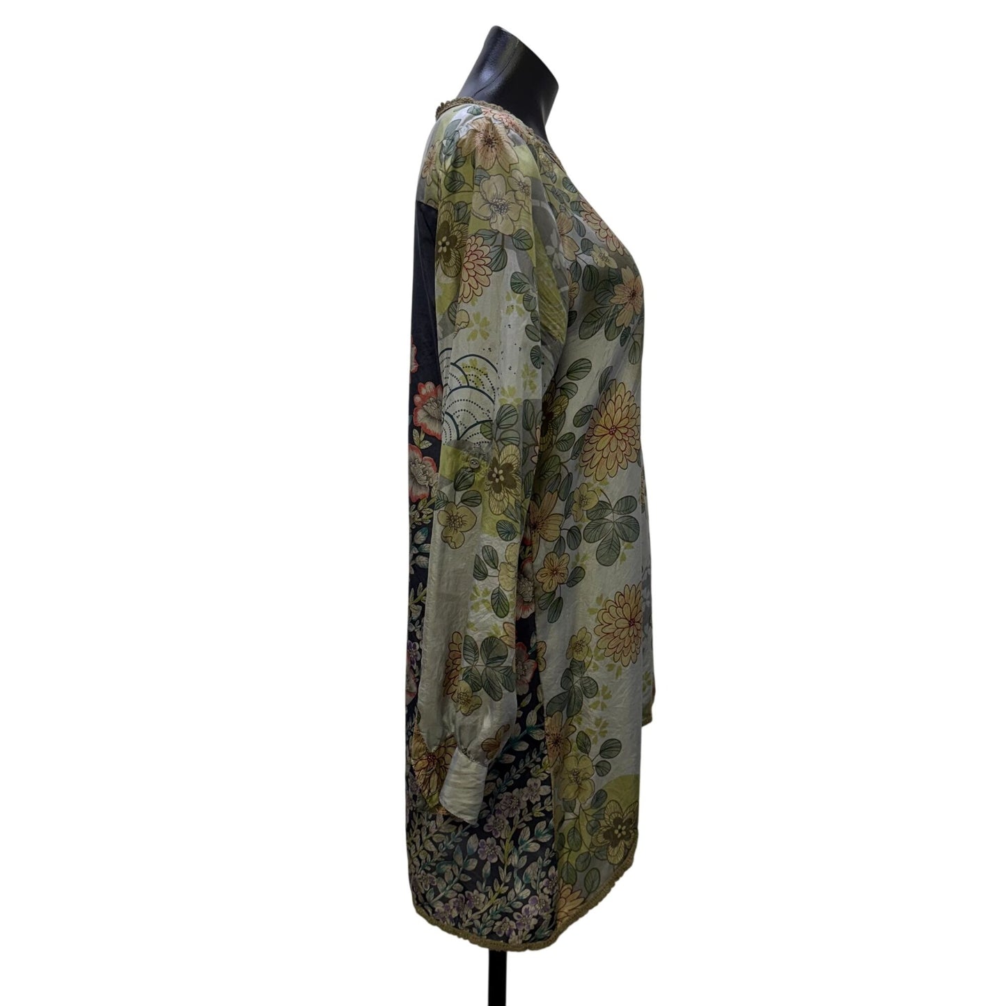 Johnny Was Floral Silk Tunic Blouse Green & Gray Size S