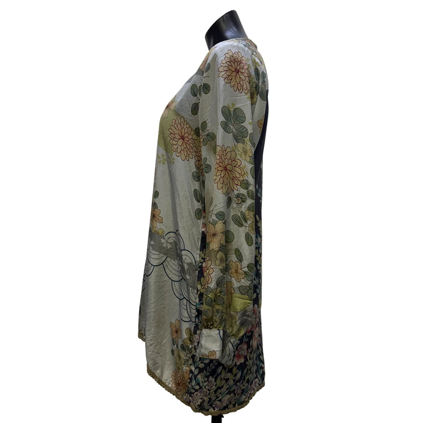 Johnny Was Floral Silk Tunic Blouse Green & Gray Size S