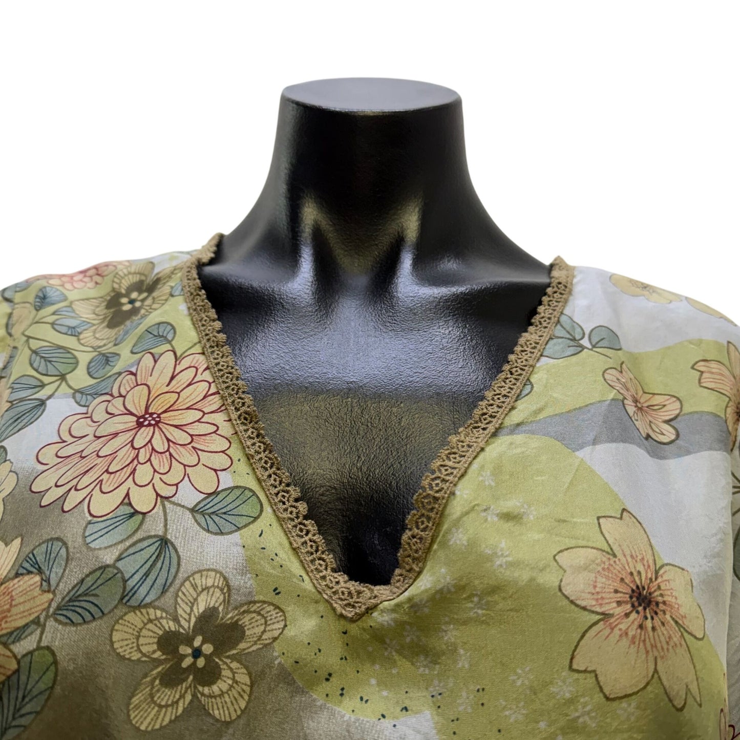 Johnny Was Floral Silk Tunic Blouse Green & Gray Size S