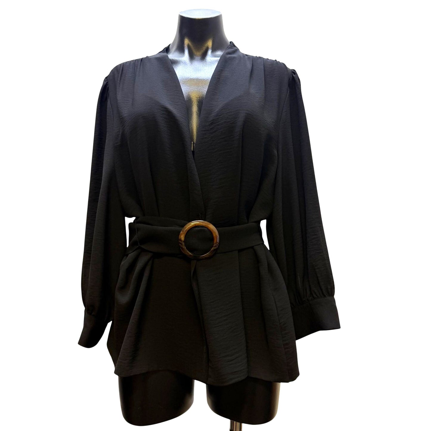 NWT Calvin Klein Black Belted Blouse With Textured Fabric & Tortoise Ring XL