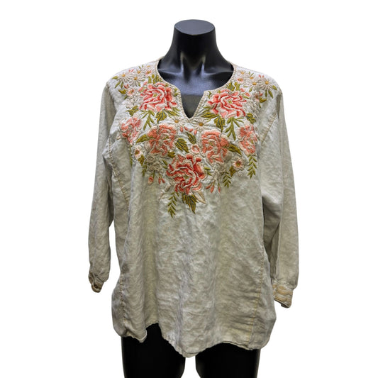 Johnny Was Linen Embroidered Floral Blouse Gray Multicolor M