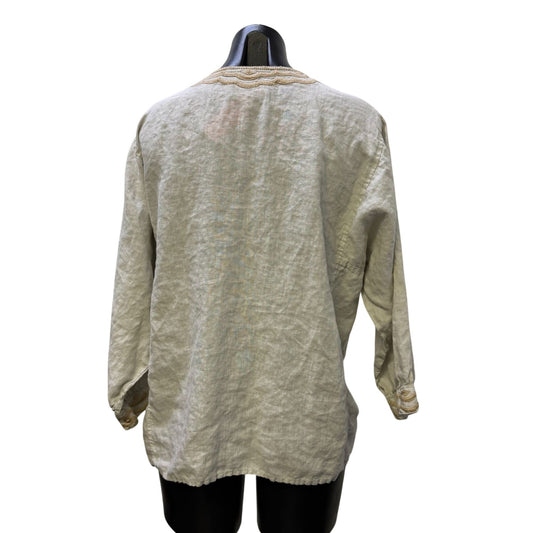 Johnny Was Linen Embroidered Floral Blouse Gray Multicolor M