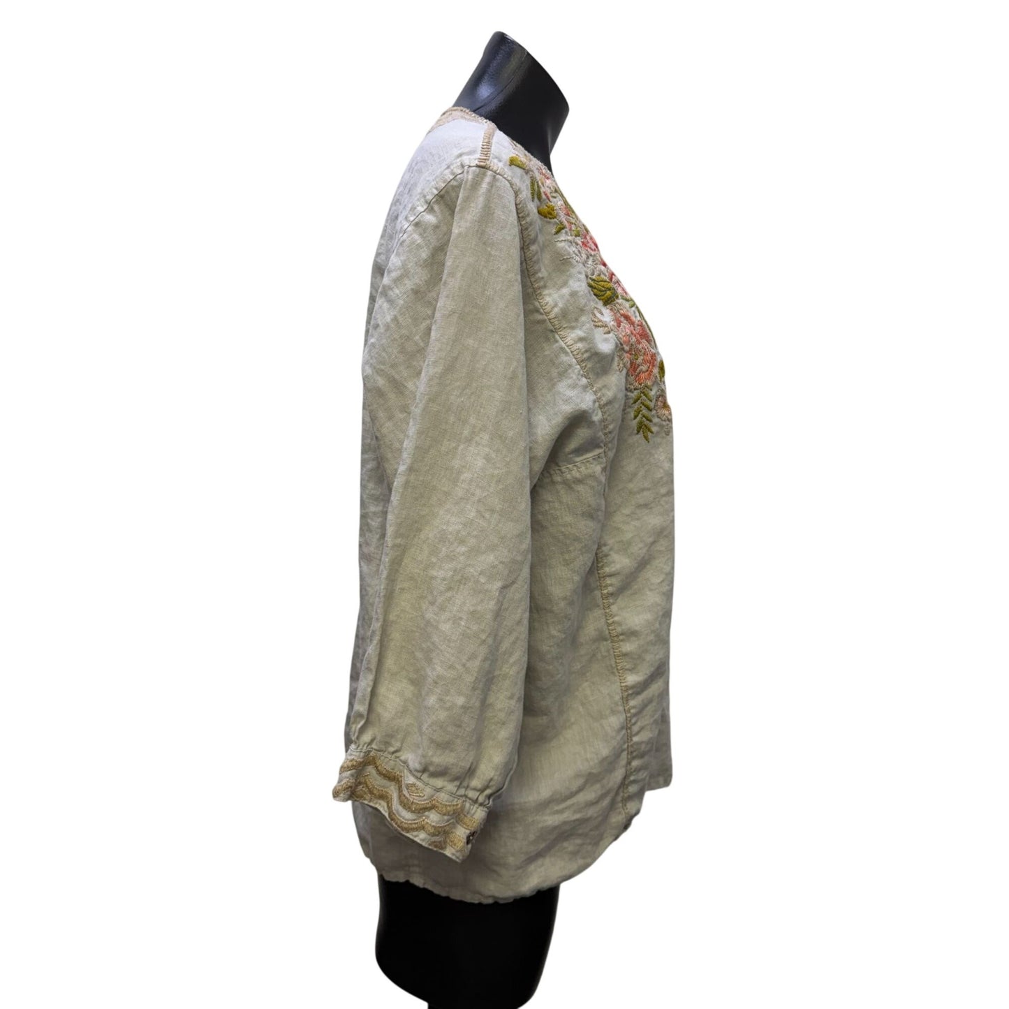 Johnny Was Linen Embroidered Floral Blouse Gray Multicolor M