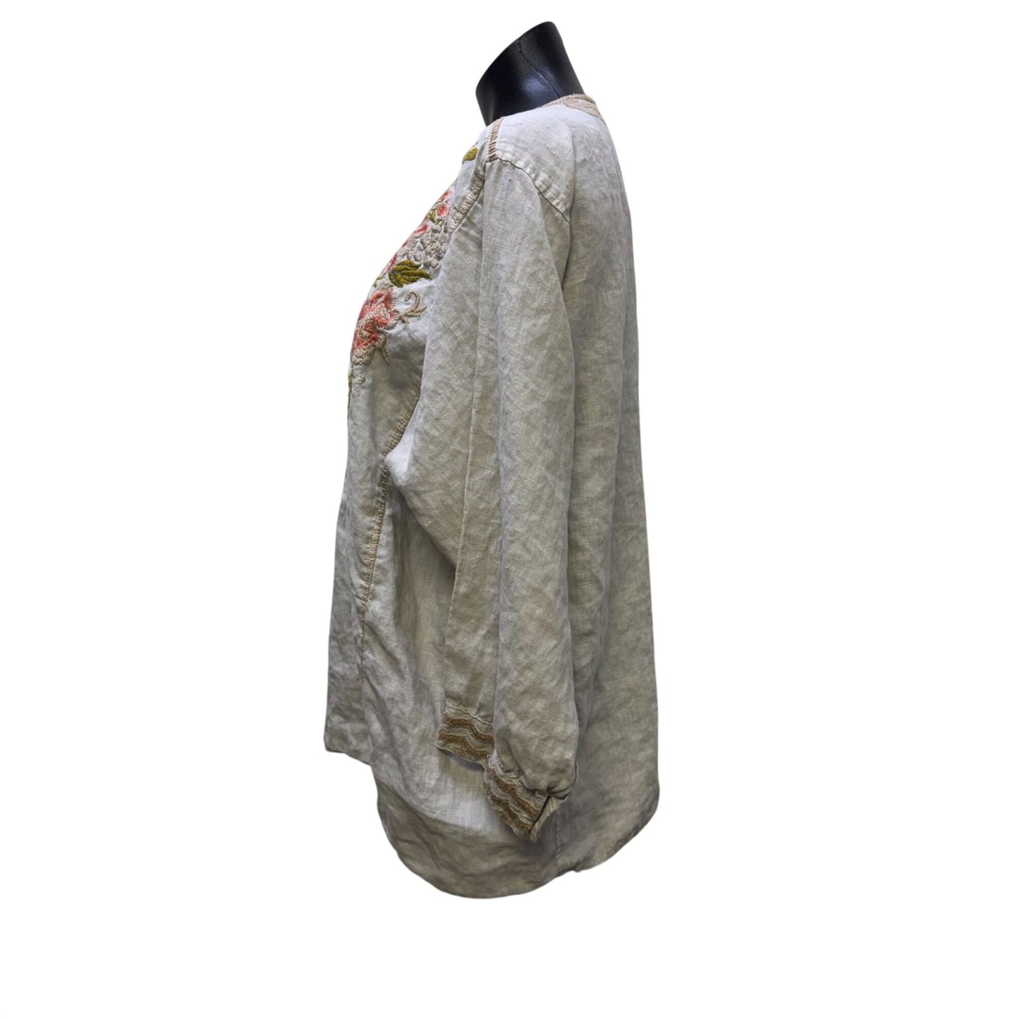 Johnny Was Linen Embroidered Floral Blouse Gray Multicolor M