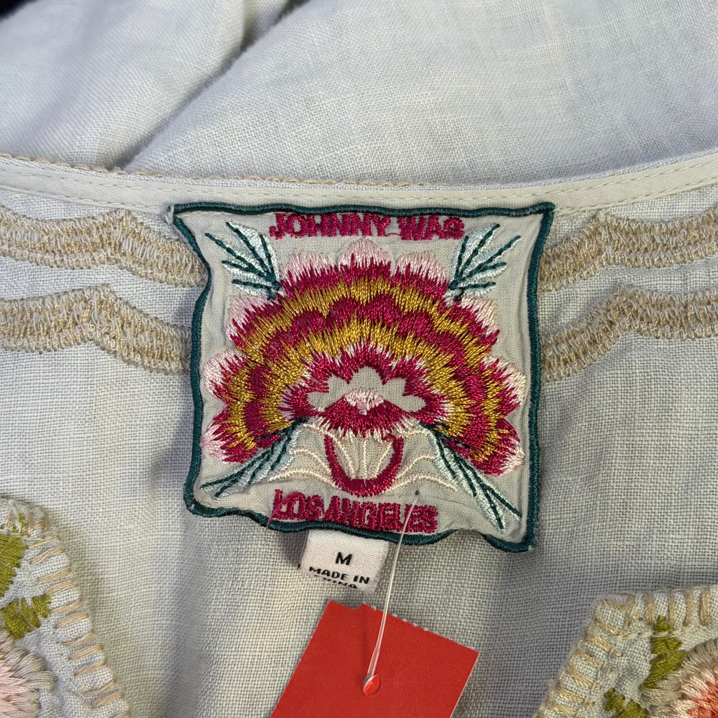 Johnny Was Linen Embroidered Floral Blouse Gray Multicolor M