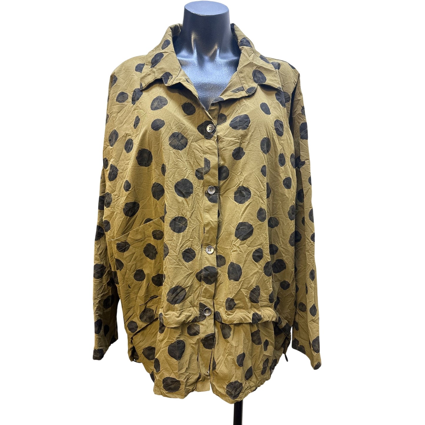 Chalet Et Ceci Olive w/Black Polka Dots Crinkled Button Blouse Size  Large