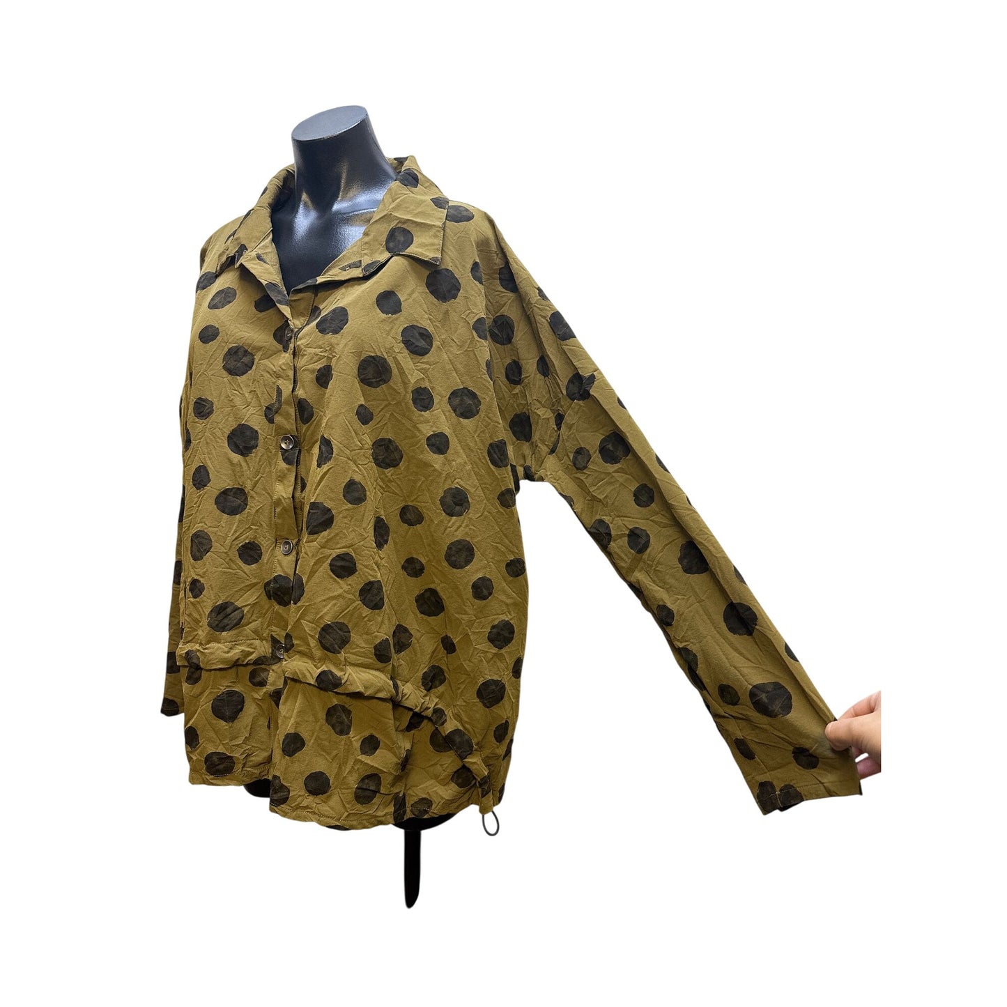 Chalet Et Ceci Olive w/Black Polka Dots Crinkled Button Blouse Size  Large