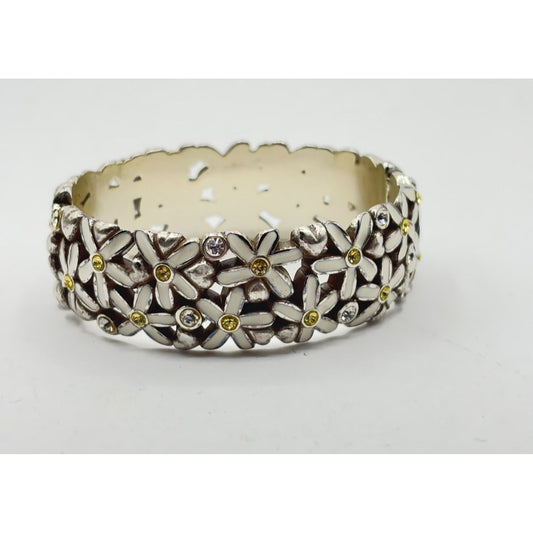 Brighton Silver Floral Daisy Hinged Bracelet With Yellow & White Rhinestones