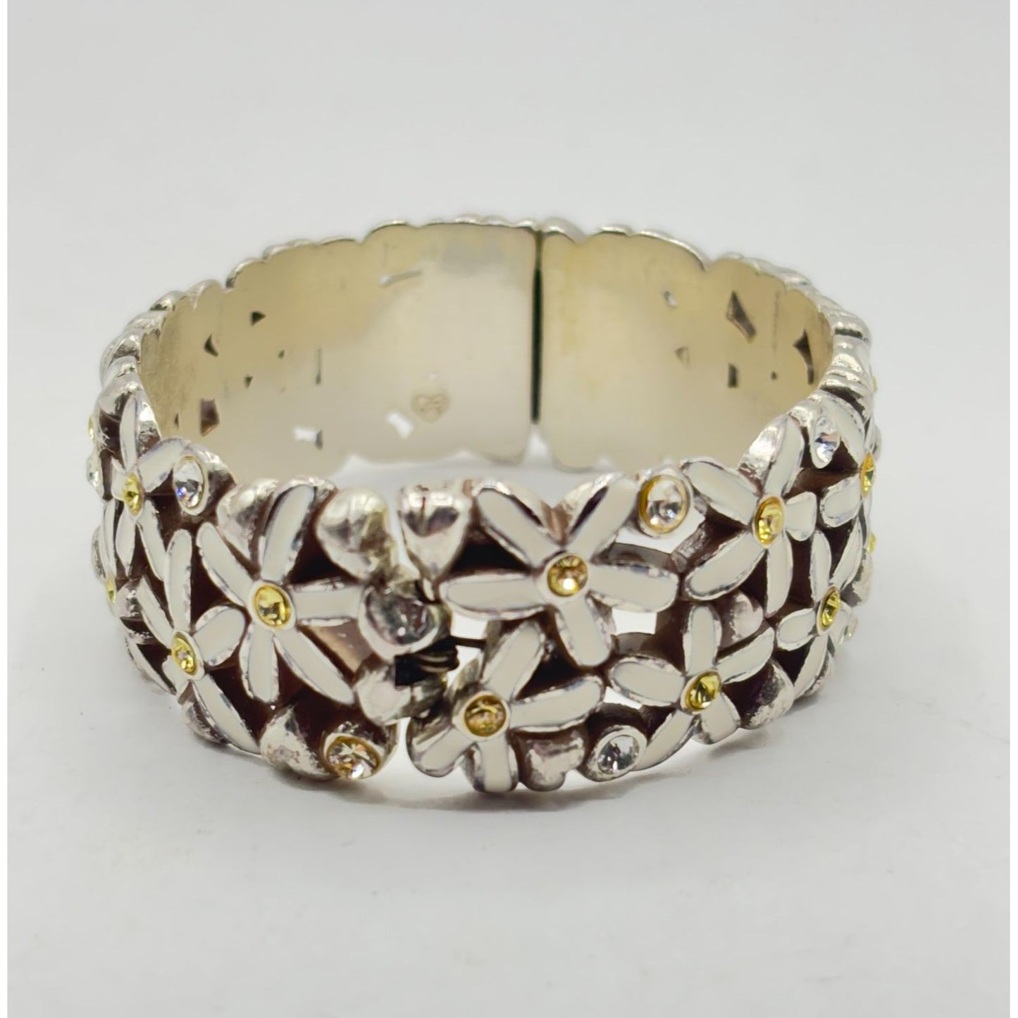 Brighton Silver Floral Daisy Hinged Bracelet With Yellow & White Rhinestones