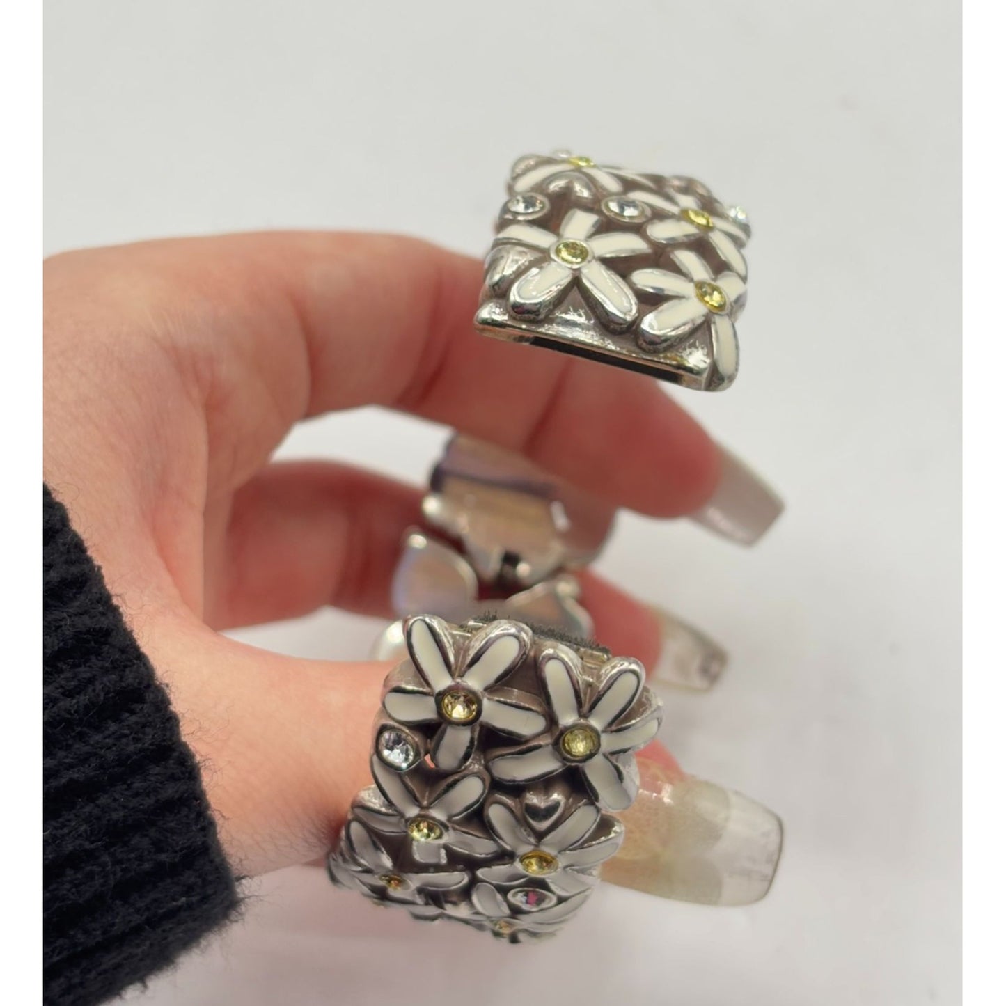 Brighton Silver Floral Daisy Hinged Bracelet With Yellow & White Rhinestones