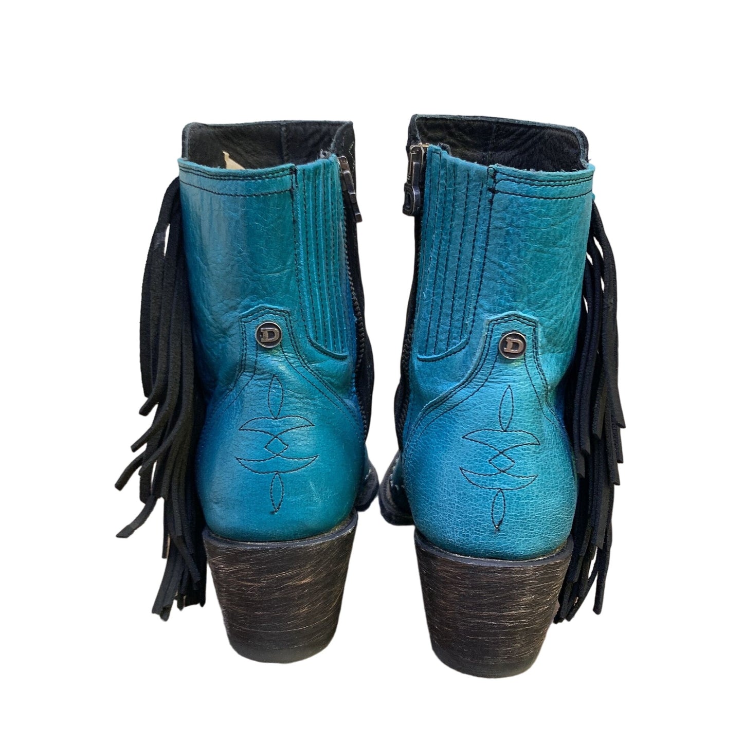 Double D Ranch Turquoise Leather Fringed Short Cowboy Boots Size 7