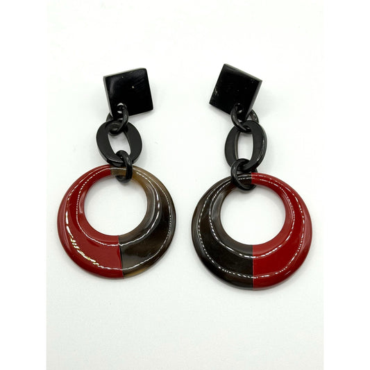 Retro Acrylic Dangle Earrings Black Backing & Red/Brown Circular Design