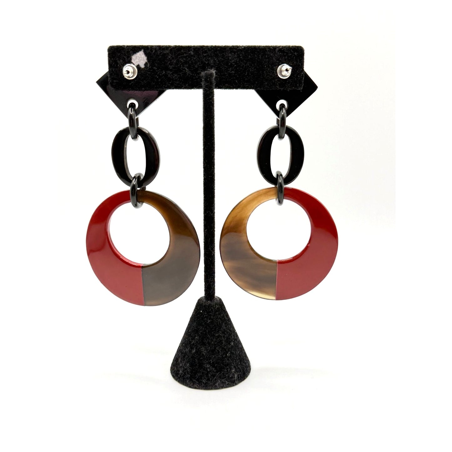 Retro Acrylic Dangle Earrings Black Backing & Red/Brown Circular Design