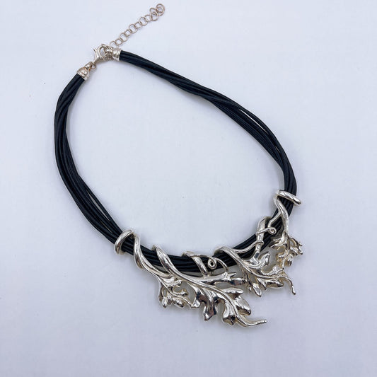 Or Paz 925 Silver Bold Vine Leaf Black Multi-Strand Cord Necklace Adjustable