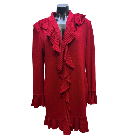 NWOT St. John Red Wool Ruffle Cardigan Long Sleeve Size 12